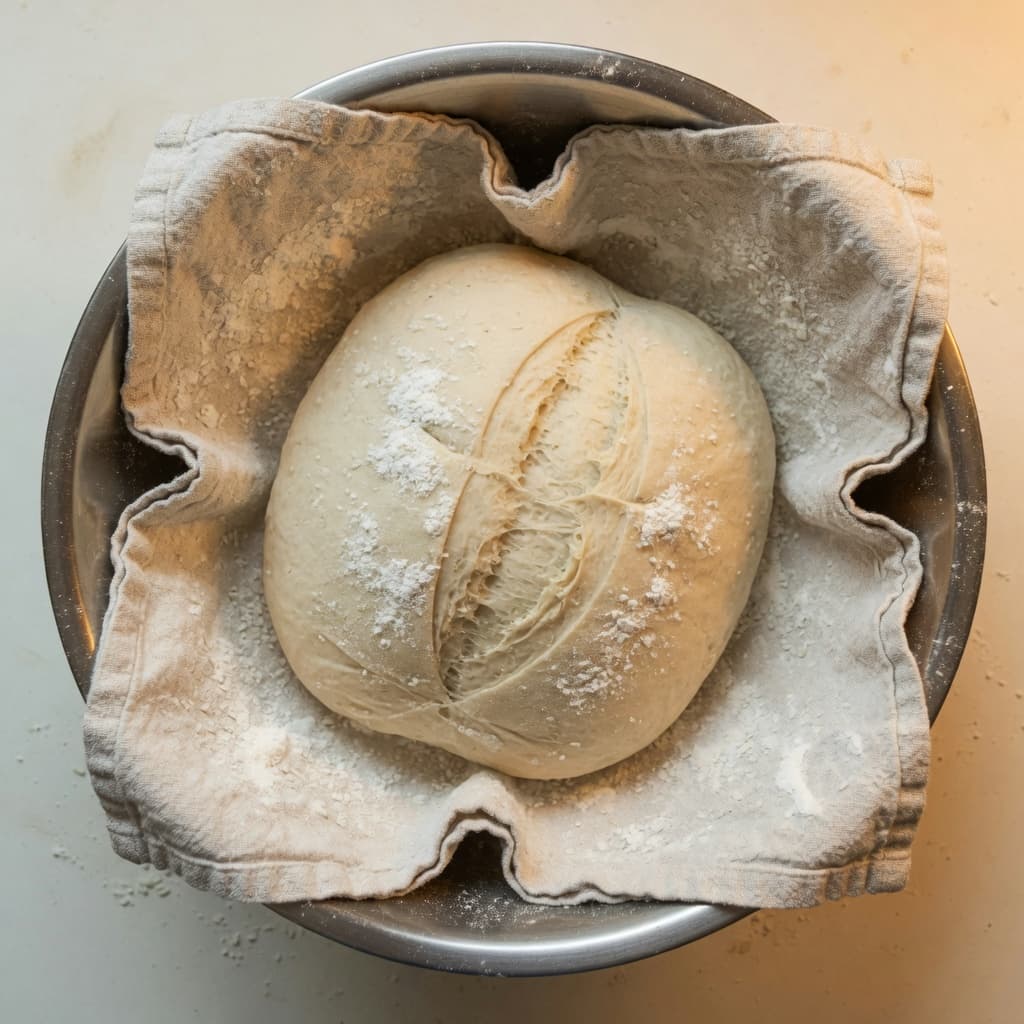 Sourdough boule proofing in a stainless bowl lined with floured linen