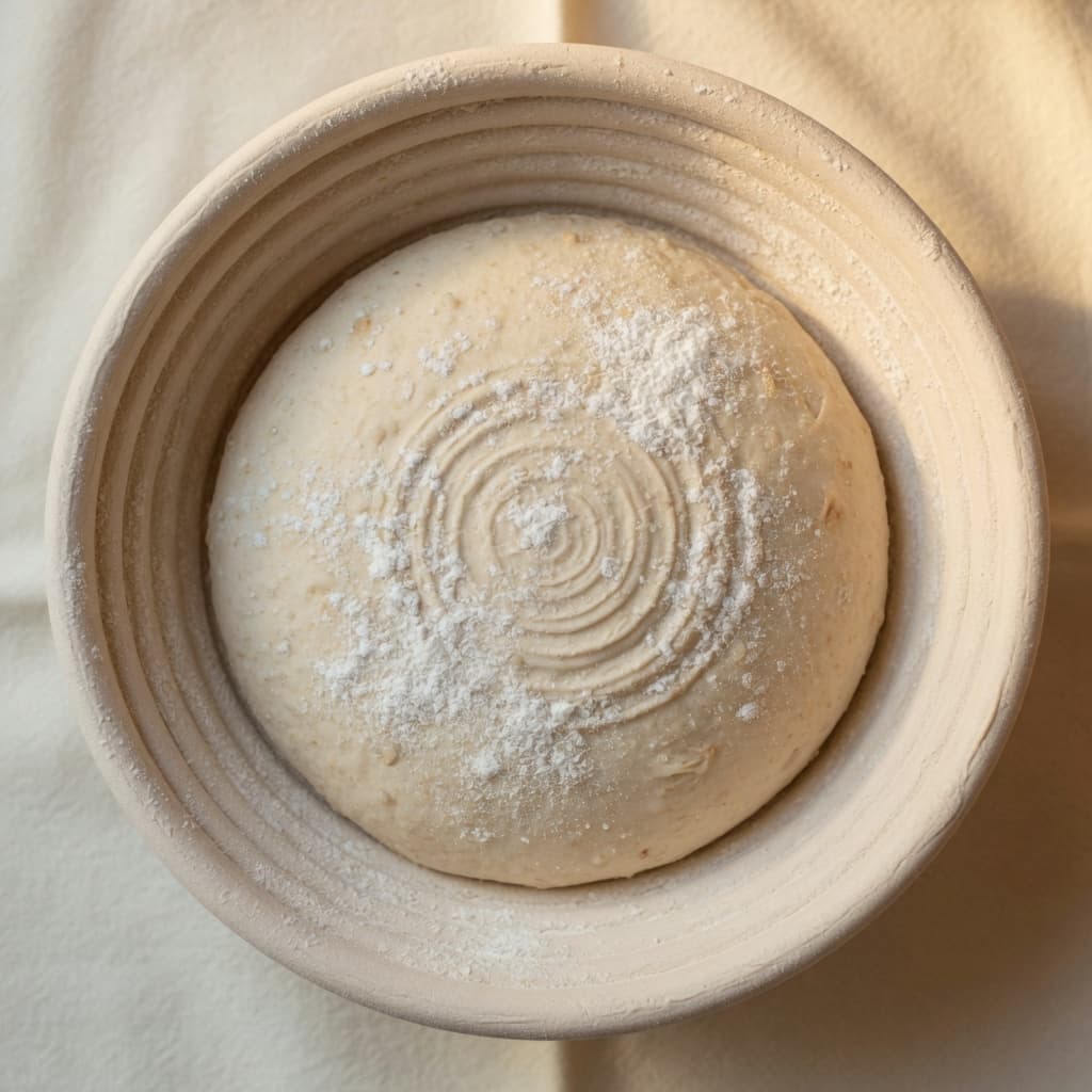Sourdough boule in a smooth wood-pulp brotform proofing basket
