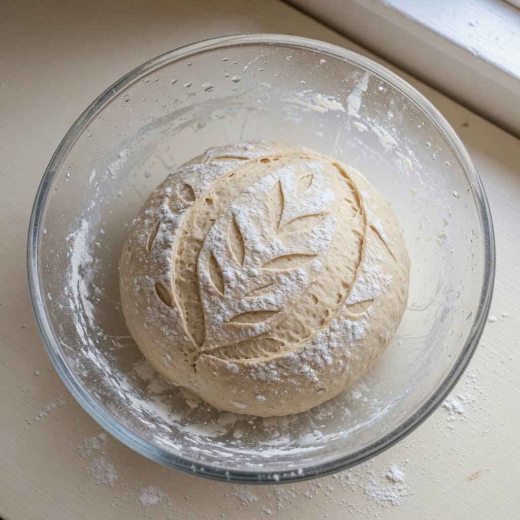 Sourdough dough resting in a clear glass mixing bowl