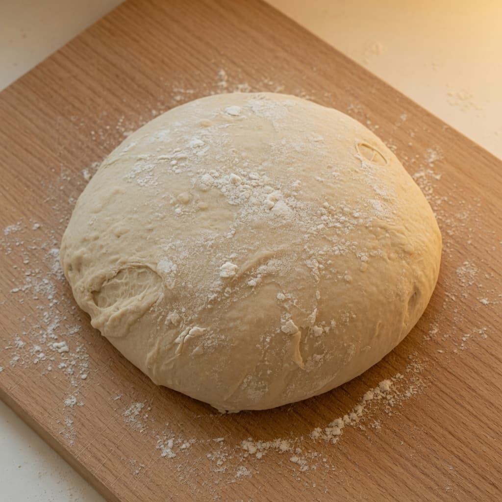 Free-form sourdough boule proofing on a floured wooden board with no basket