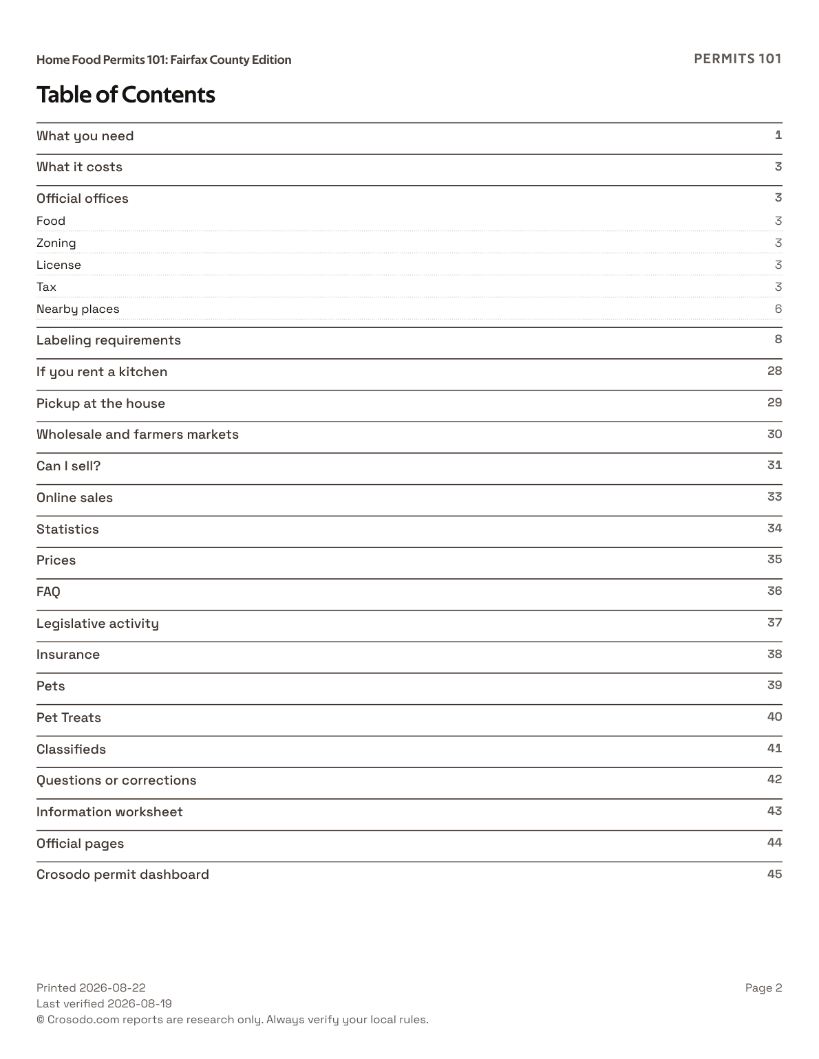 Permit Guide 101 table of contents (Fairfax County sample)