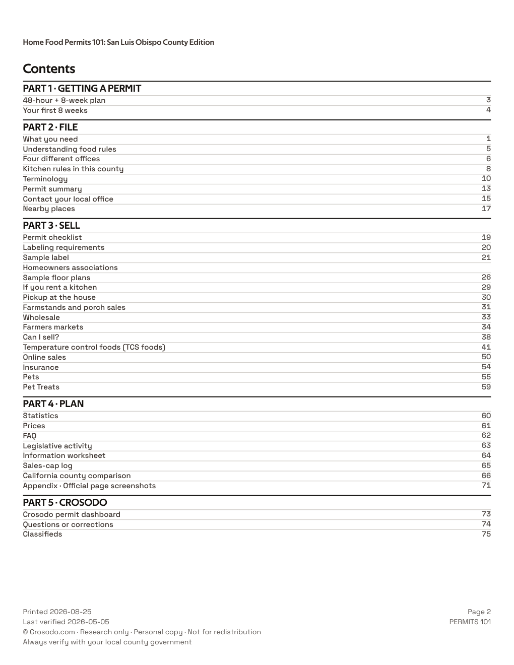 Permit Guide 101 table of contents for San Luis Obispo County