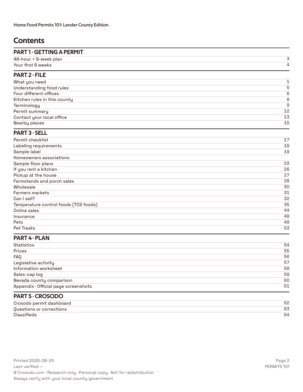 Permit Guide 101 table of contents for Lander County