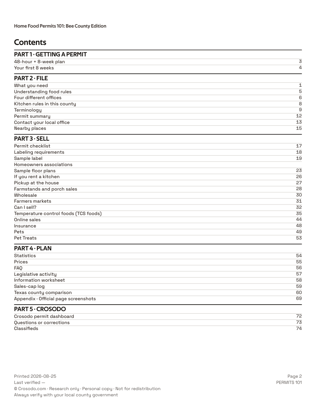 Permit Guide 101 table of contents for Bee County