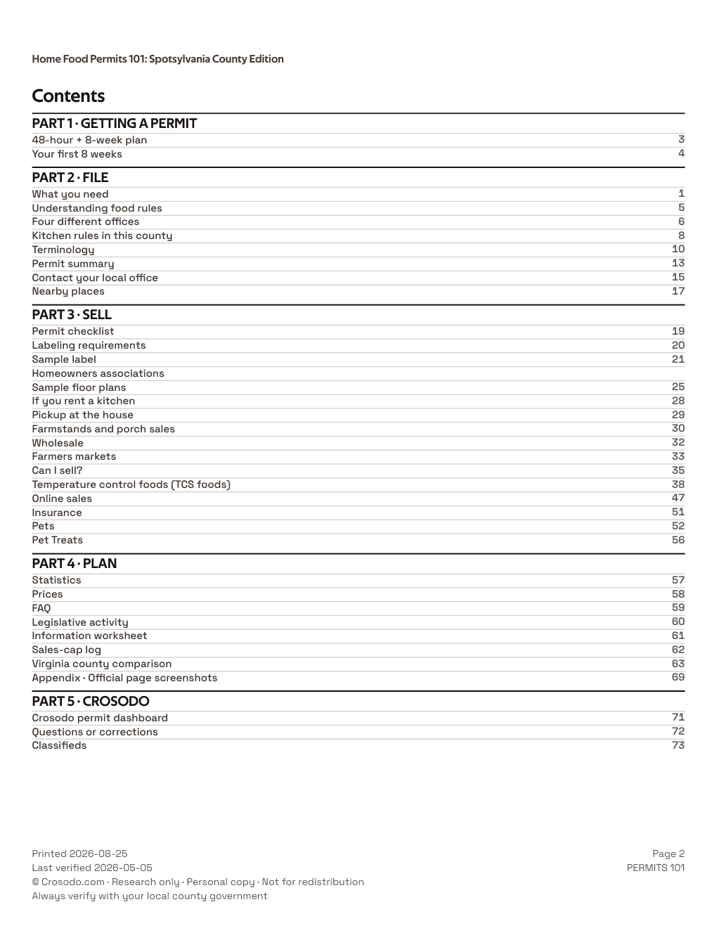 Permit Guide 101 table of contents for Spotsylvania County